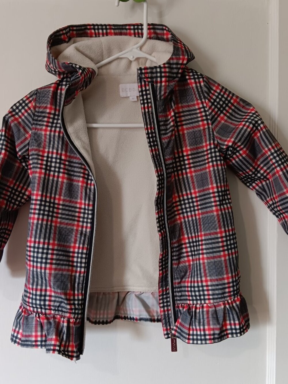BCBGirls Kids Plaid Fleece-Lined Raincoat Jacket 3T Cozy Red Black White